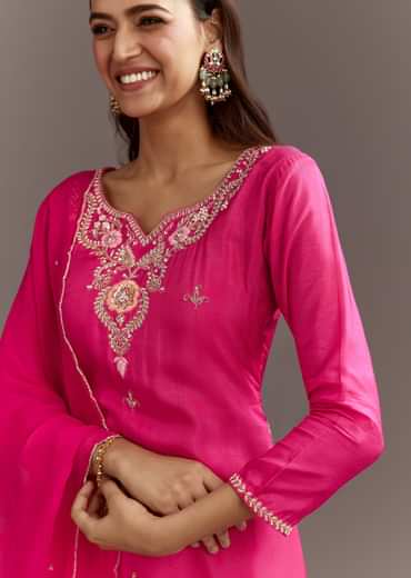 Pink Zardosi Silk Kurta Set With Cutdana Organza Dupatta