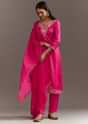 Pink Zardosi Silk Kurta Set With Cutdana Organza Dupatta