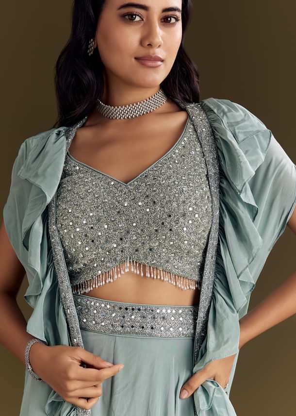 Ice Blue Crepe Croptop And Palazzo Set With Ruffled Jacket