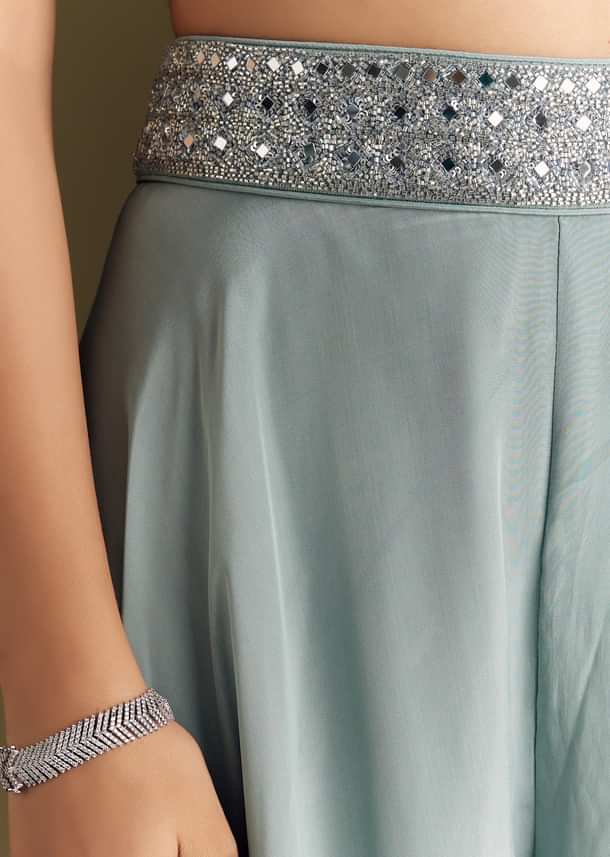 Ice Blue Crepe Croptop And Palazzo Set With Ruffled Jacket