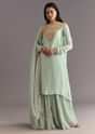 Satin Asymmetrical Kurta Set With Moti And Sequins Dupatta