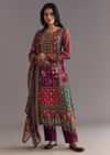 Purple Wine Floral Chinon Kurta Set With Gotta Lace Dupatta