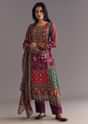 Purple Wine Floral Chinon Kurta Set With Gotta Lace Dupatta