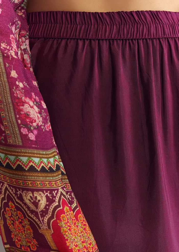 Purple Wine Floral Chinon Kurta Set With Gotta Lace Dupatta