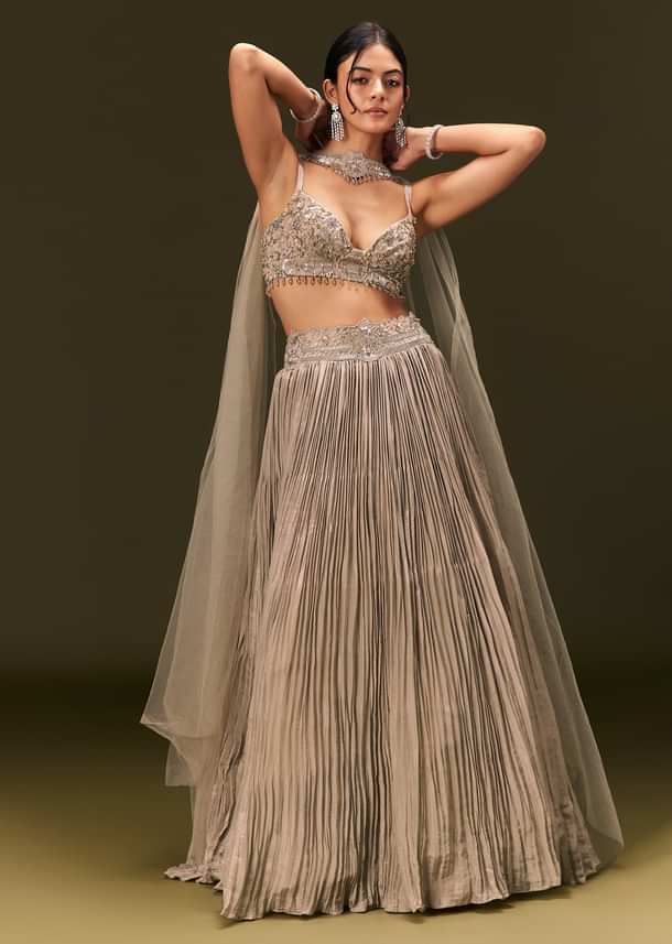 Gold Embroidered Sweetheart Neck Blouse With Lehenga And Choker Dupatta