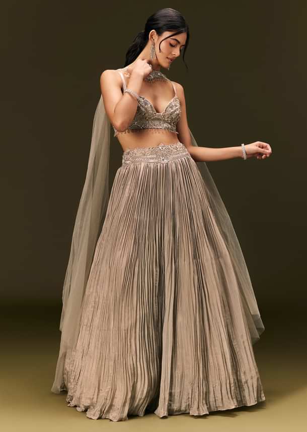 Gold Embroidered Sweetheart Neck Blouse With Lehenga And Choker Dupatta