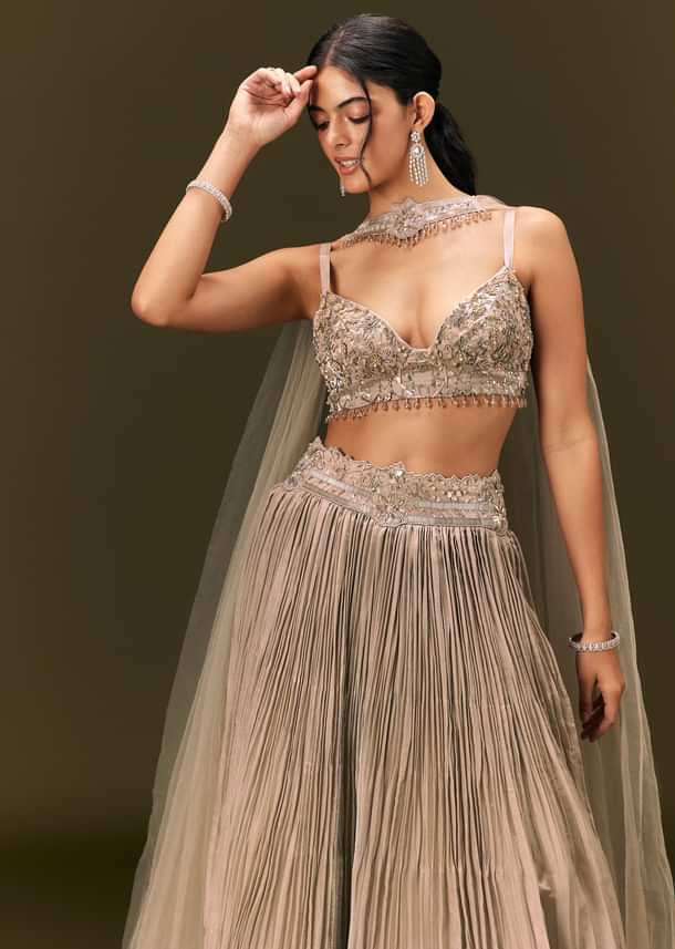 Gold Embroidered Sweetheart Neck Blouse With Lehenga And Choker Dupatta