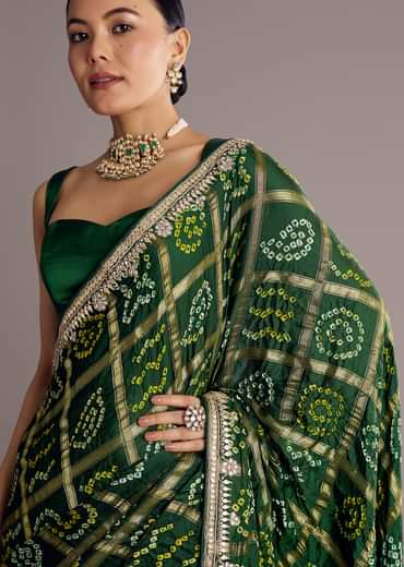 Deep Green Satin Bandhani Saree With Gota Work
