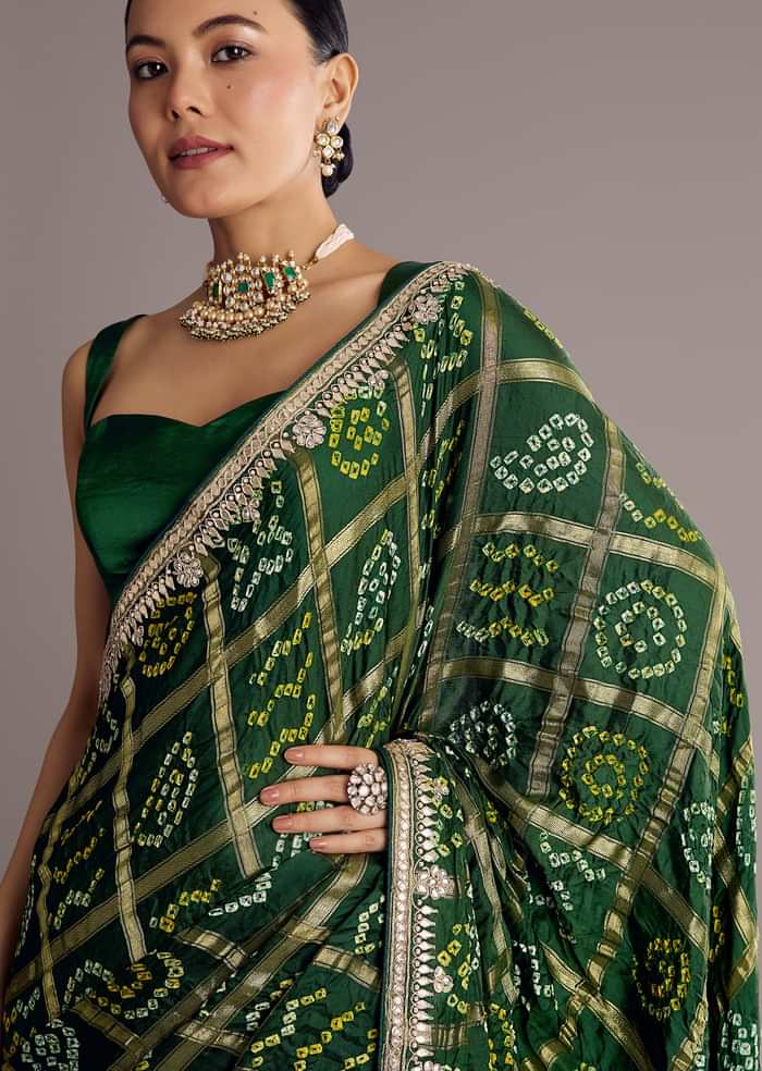 Deep Green Satin Bandhani Saree With Gota Work
