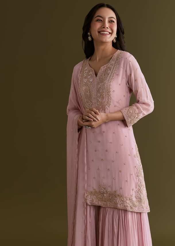 Light Pink Chinon Sharara Suit With Zardosi Embroidered Dupatta Light Pink Chinon Sharara Suit With Zardosi Embroidered Dupatta