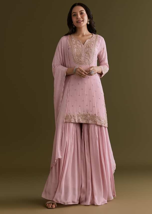 Light Pink Chinon Sharara Suit With Zardosi Embroidered Dupatta Light Pink Chinon Sharara Suit With Zardosi Embroidered Dupatta
