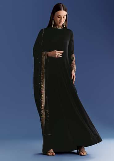 Black Chinon Anarkali With Embroidered Collar And Zari Dupatta