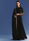 Black Chinon Anarkali With Embroidered Collar And Zari Dupatta
