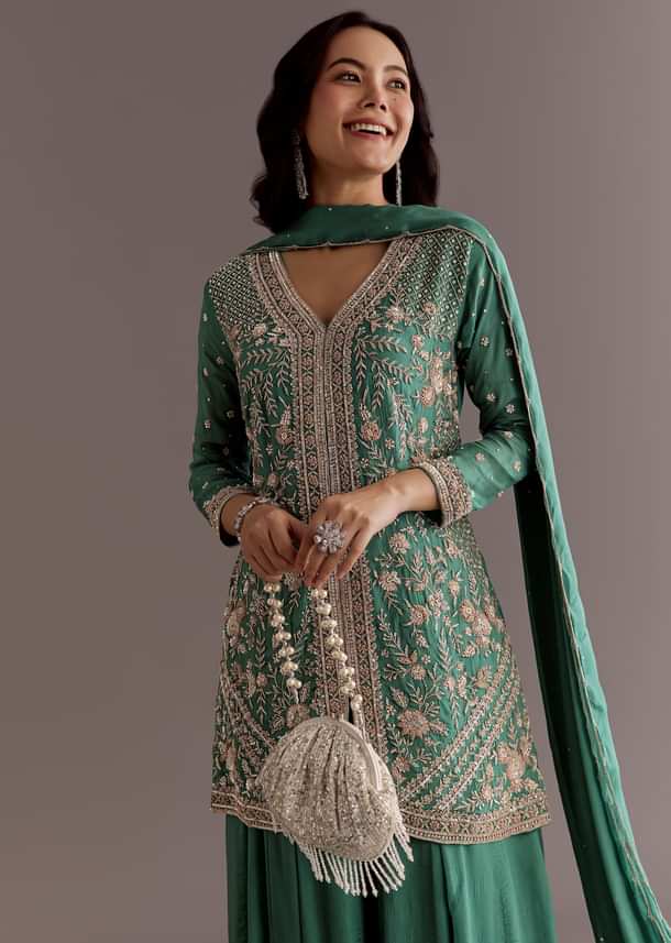 Green Chinon Cudtana Embroidered Kurta Palazzo Suit Green Chinon Cudtana Embroidered Kurta Palazzo Suit