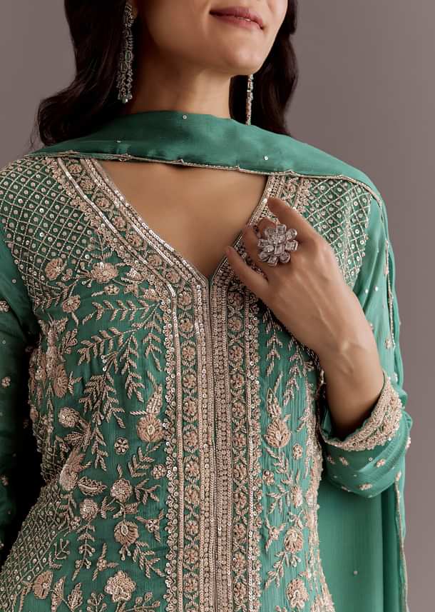 Green Chinon Cudtana Embroidered Kurta Palazzo Suit Green Chinon Cudtana Embroidered Kurta Palazzo Suit