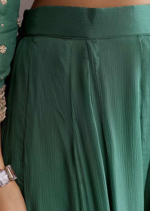 Green Chinon Cudtana Embroidered Kurta Palazzo Suit Green Chinon Cudtana Embroidered Kurta Palazzo Suit
