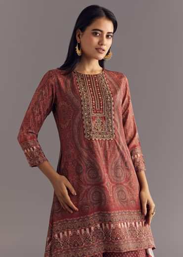Brick Orange Satin Paisley Print Kurta Sharara Set With Cutdana Neckline
