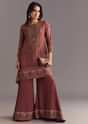 Brick Orange Satin Paisley Print Kurta Sharara Set With Cutdana Neckline