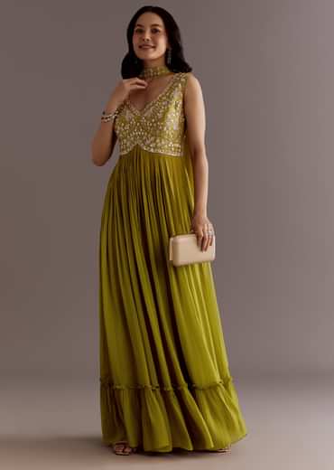 Citrus Green Embroidered Georgette Anarkali With Choker Dupatta
