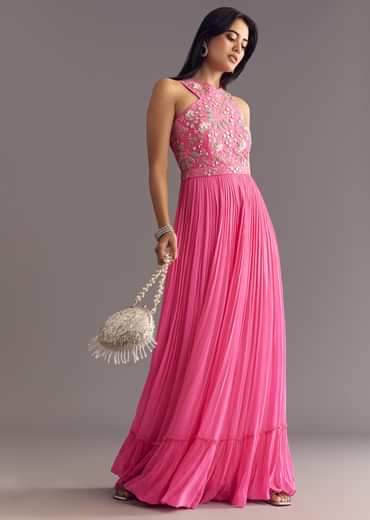 Bright Pink Georgette Jumpsuit With Embroidered Belt