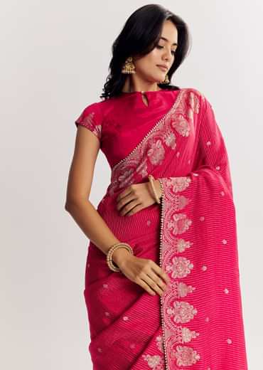 Pink Georgette Lurex Saree With Brocade Butti And Gota Patti Border