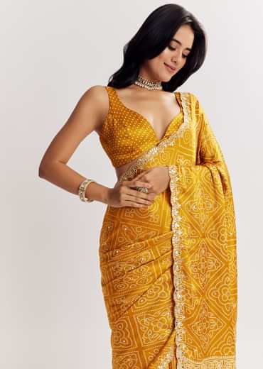 Mustard Yellow Satin Ajrakh Printed Saree With Gota Embroidery