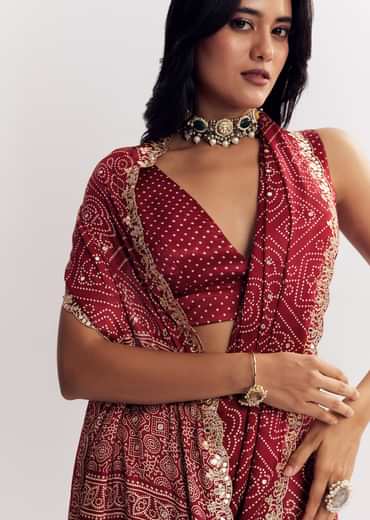 Maroon Satin Ajrakh Printed Saree With Gota And Sequins