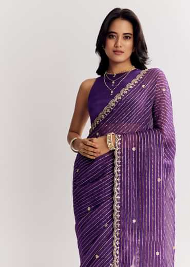 Violet Georgette Saree With Foil Stripes And Gota Patti Mirror Work