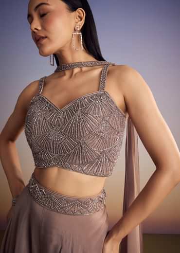 Brown Organza Palazzo Set With Cutdana And Sequins Dupatta