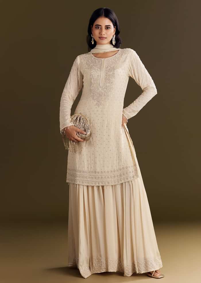 Cream Kurta Palazzo Set With Cutdana And Sequins Work
