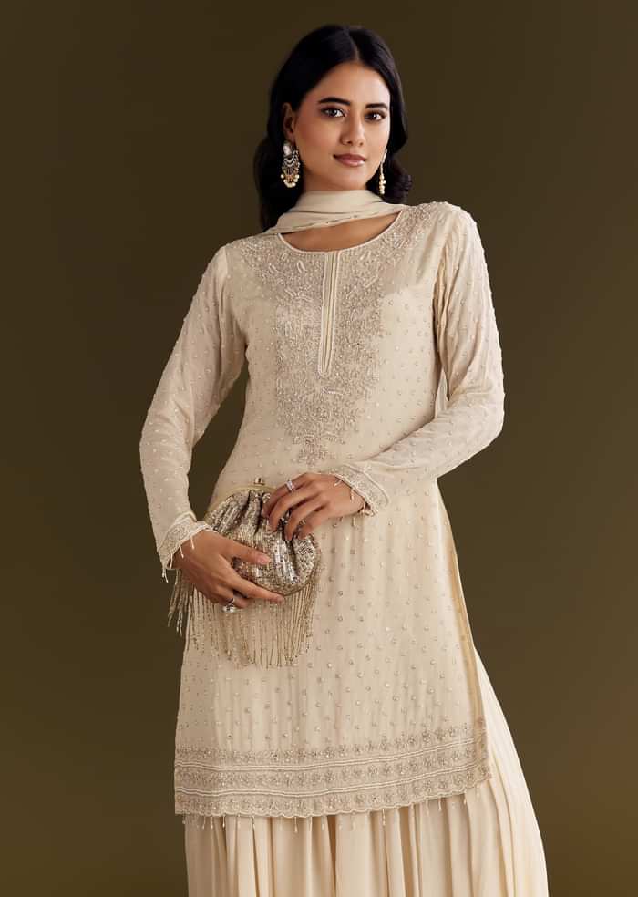 Cream Kurta Palazzo Set With Cutdana And Sequins Work