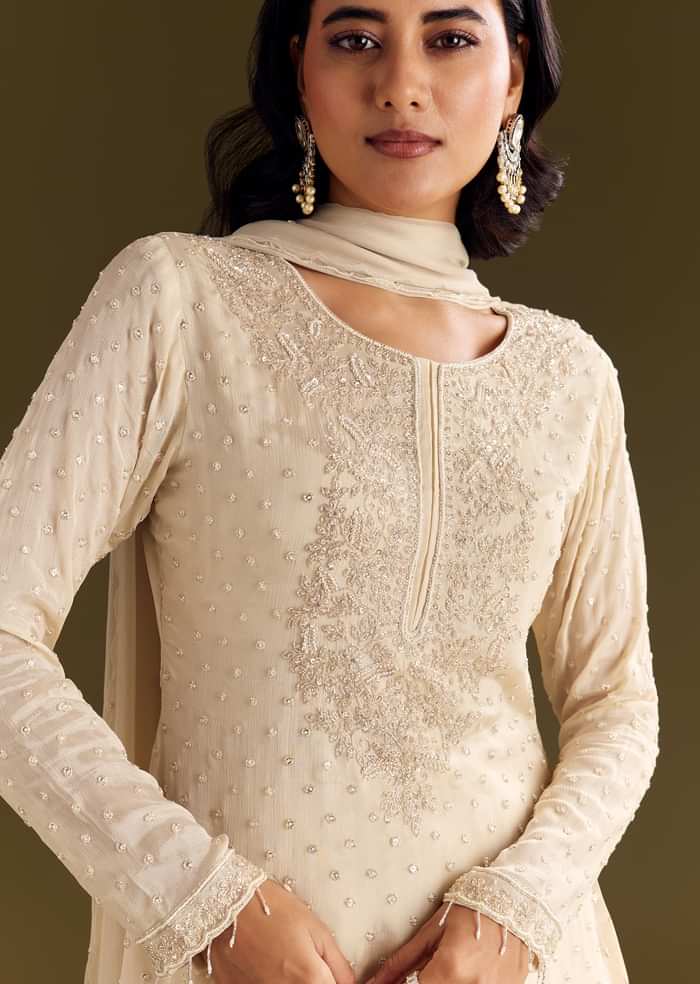 Cream Kurta Palazzo Set With Cutdana And Sequins Work