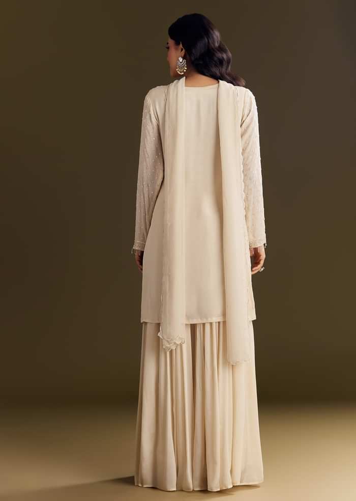 Cream Kurta Palazzo Set With Cutdana And Sequins Work