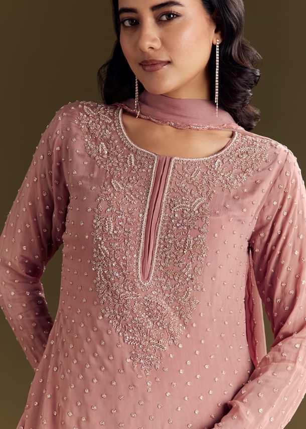 Pink Kurta Set With Embroidered Palazzo And Sequins Dupatta