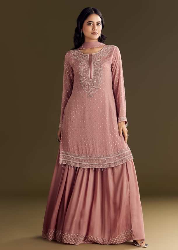 Pink Kurta Set With Embroidered Palazzo And Sequins Dupatta