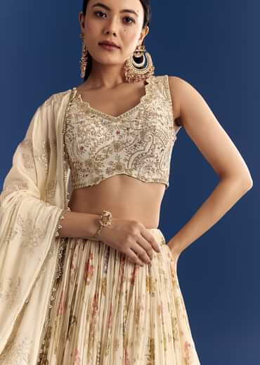 Cream Organza Lehenga Set With Zardosi Choli And Sequins Dupatta
