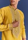 Yellow Silk Kurta Set With Yoke Thread And Mirror Work