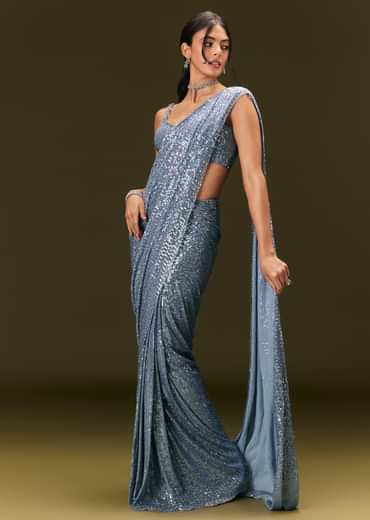 Blue Pre Stitched Saree With Sequin Stone Work
