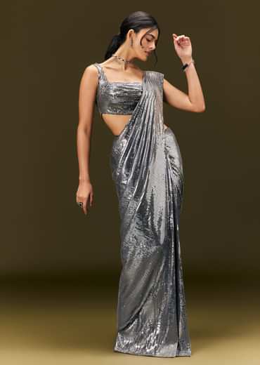 Metallic Grey Pre Stitched Sequin Saree With Cowl Neckline Blouse