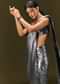 Metallic Grey Pre Stitched Sequin Saree With Cowl Neckline Blouse