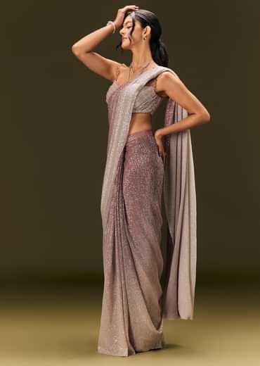 Brown Sequin Ready Pleated Saree With Stone Work