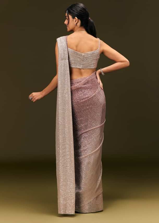 Brown Sequin Ready Pleated Saree With Stone Work