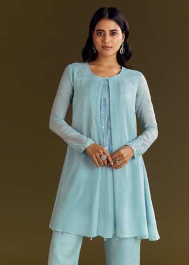 Sky Blue Chinon Kurta Pant Set With Sequins Embroidery