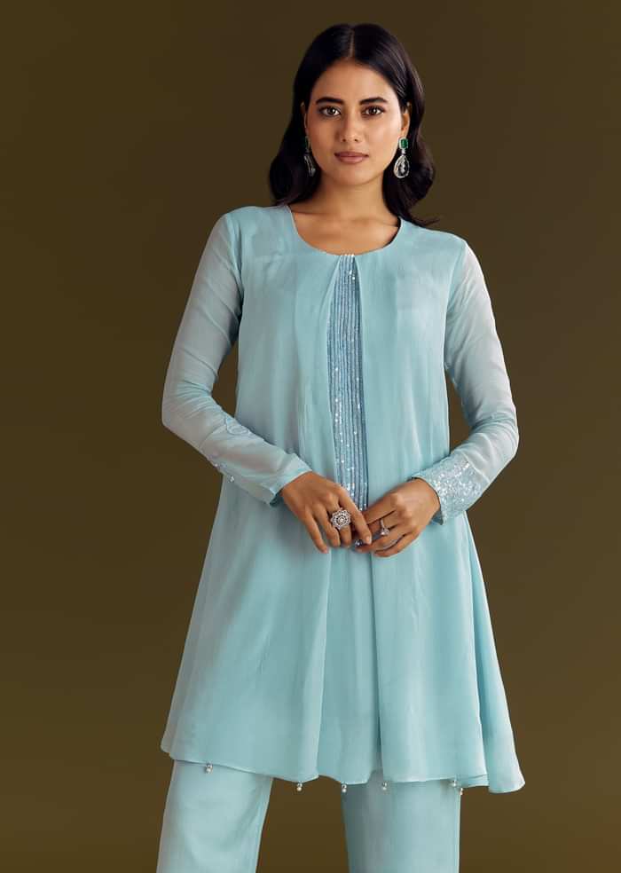 Sky Blue Chinon Kurta Pant Set With Sequins Embroidery