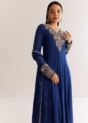 Navy Blue Chinon Anarkali Set With Cutdana Moti And Gotta Lace Dupatta