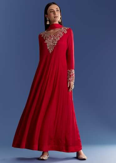 Red Chinon Anarkali With Moti And Gotta Lace Dupatta
