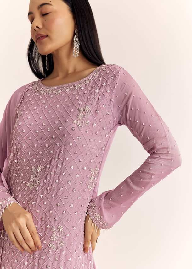 Lavender Chinon Sharara Suit With Cutdana Moti And Sequins Lavender Chinon Sharara Suit With Cutdana Moti And Sequins
