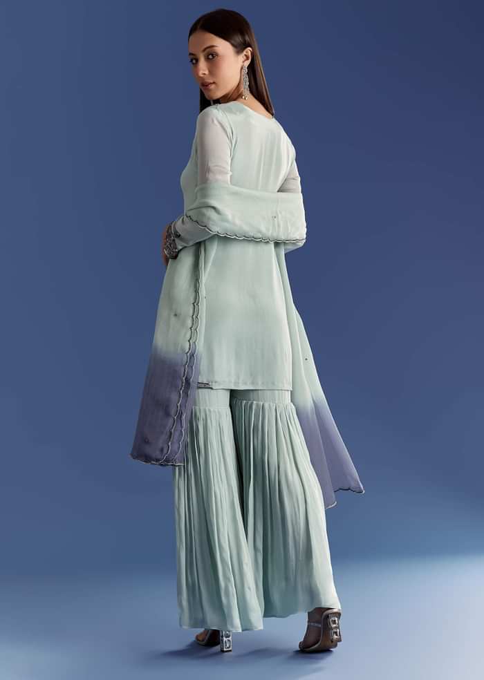 Mint Green Chinon Kurta Set With Beads And Ombre Dupatta