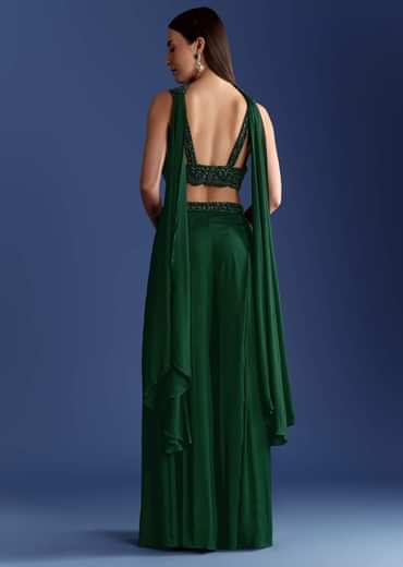 Dark Green Chinon Palazzo Set With Cutdana Croptop And Choker Dupatta