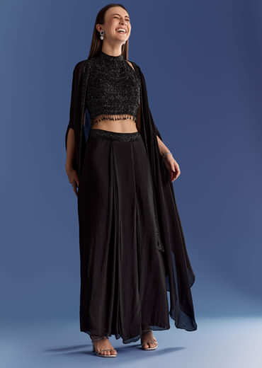 Black Chinon Cape Set With Embroidered Croptop And Skirt